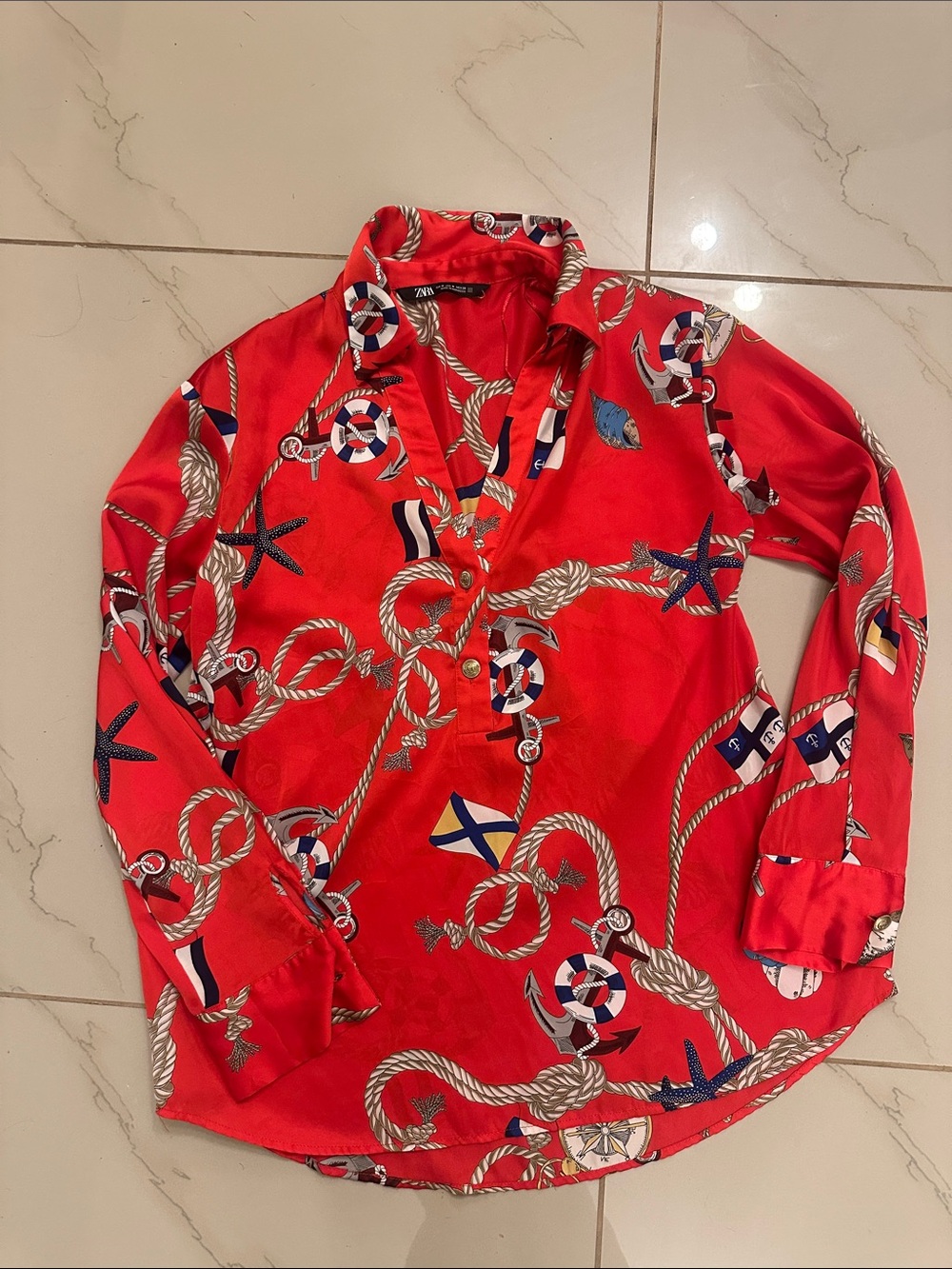 Zara Red Nautical Rope-Print Button-Down Shirt